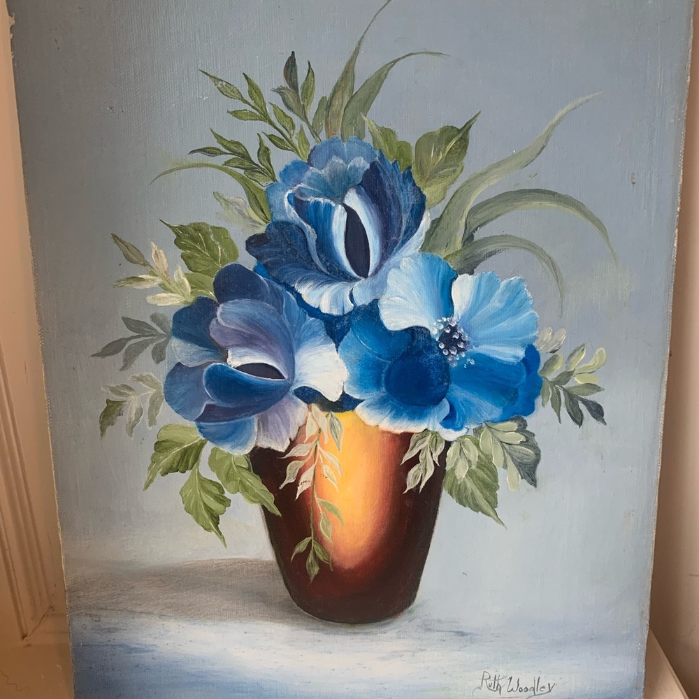 Blue Floral Vase Oil Painting Signed - Picture 2 of 10
